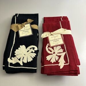 SOLD: Williams Sonoma. Napkins, 8 Crewel linen napkins. Deep red & navy. New
